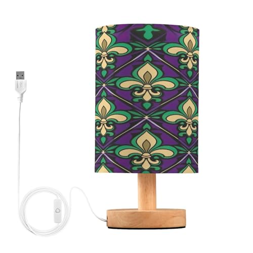 SDMKA Mardi Gras Tile Pattern Bedside Table Lamp for Bedroom, Minimalist Nightstand Lamp with Round Fabric Shade for Living Room, Office, No Bulb Required