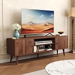 HOMEFORT TV Stand pour 65/60/55 pouces, Mid-Century Modern TV Support avec rangement, Table Console Média, Centre de divertissement avec porte coulissante pour les téléviseurs jusqu'à 65",pour Chambre,Salle de séjour (Walnut)