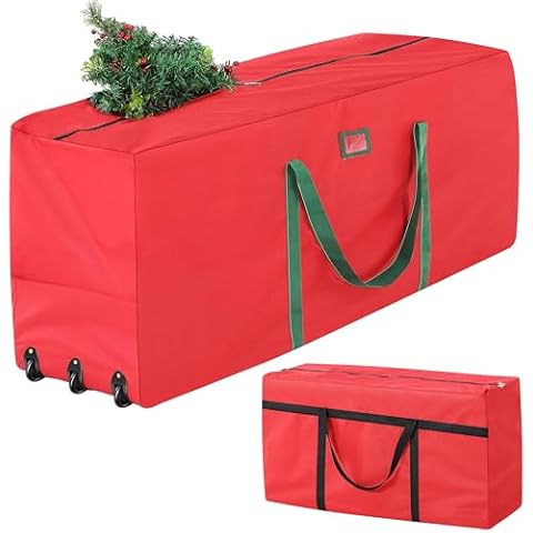 Meonum 2 Pack Christmas Tree Storage Bag, 9Ft Rolling Christmas Tree Storage Container with Wheels and 4Ft Disassembled Xmas Tree Box for Ornaments Or Wreath, Waterproof Heavy-Duty 600D Oxford(Red) Cover
