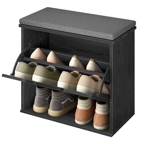 VASAGLE Banco Zapatero Acolchado, Mueble de Recibidor de 3 Niveles para 6 Pares de Zapatos, Cajón Abatible, 30 x 60 x 53,5 cm, para Entrada, Dormitorio, Negro Ébano y Gris Pizarra LSB121BE01