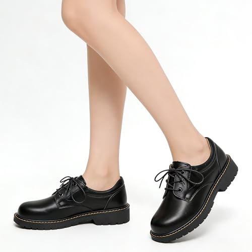 Image of Oxford Shoes for Women Black Womens Oxford Patent Leather Platform Women's Oxfords Comfortable Dressy Non Slip Lace Up Chunky Casual Work Business Dress Office Oxfords Shoes