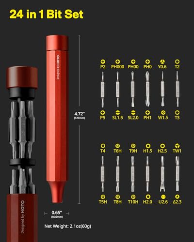 HOTO 24 in 1 Multi Bit Mini Screwdriver Set Magnetic, Manual Precision Screwdriver Set, EDC Pen Screwdriver for Eyeglasses, Electronics, Watches, Phones, Laptops, Cameras, Cinnabar Red