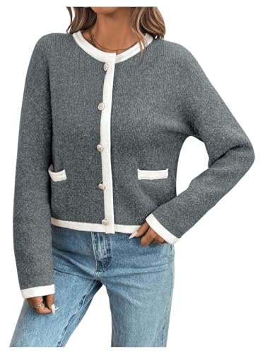 MakeMeChic Women's Knitted Cardigan Sweater Casual Button Front Long Sleeve Crew Neck Sweaters Tops