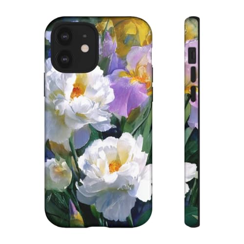 Coque rigide brillante pivoines blanches et iris pour iPhone 12