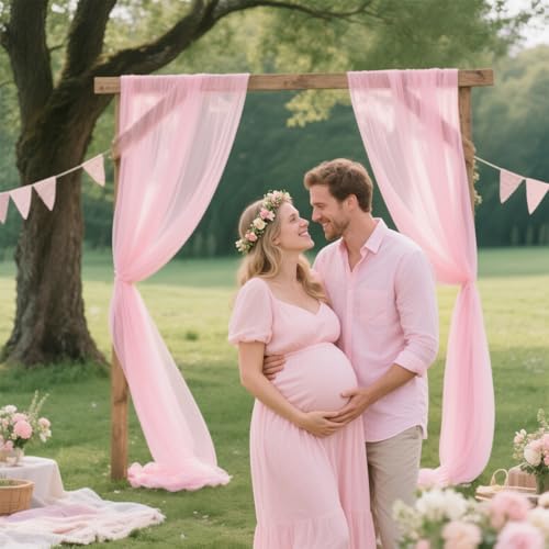 VOK Light Pink Backdrop Curtains for Parties, Chiffon Photo Backdrop Drapes 2 Panels 5x8ft Sheer Outdoor Curtain for Wedding Ceremony Birthday Party Decoration(Light Pink,10ft x 8ft) by VOK - Used condition - Image 7