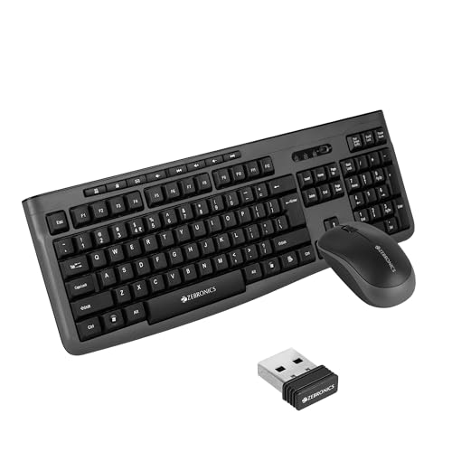 Image of Zebronics Wireless Keyboard & Mouse Combo, 112 UV-Printed Keys, ₹ Key, 8 Multimedia Keys, Retractable Stand, 3 Button Mouse, 1200 DPI, High Precision, USB Nano Receiver (Companion 112, Black)