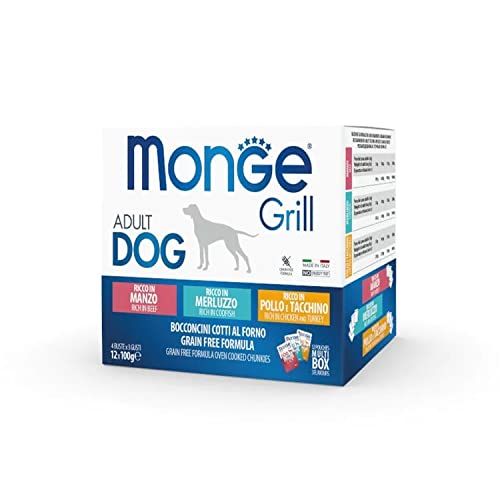 Monge Grill Adult Rich in Beef, ricco in codfish, cibo umido per cani (cibo per cani di manzo e merluzzo, gustosa ricetta, senza coloranti, senza cereali, 12 x 100 g)