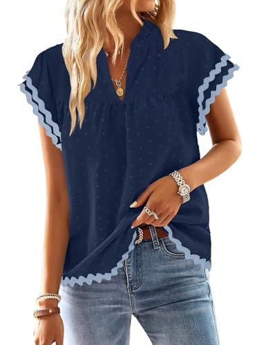 Falechay Womens Tops Summer Short Ruffle Sleeve Tunic V Neck Shirts Trendy Flowy Hem Blouses for Women Fashion Outfits Lace Peasant Clothes Swiss Dot Boho Navy Fall RIC Rac Trims Clothing M