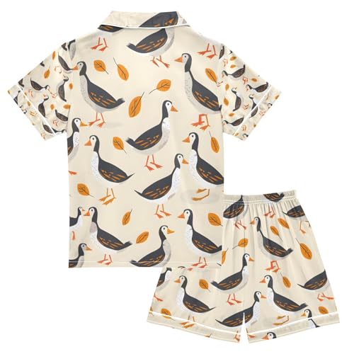 senya Duck and Leaves Satin Summer Pajama Sets Silk Short Sleeve Button Down Sleepwear2
