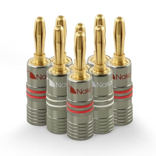 Nakamichi Ultimate Series 24K vergoldeter Beryllium-Rotes-Kupfer-Bananenstecker Banana-Steckverbinder für Lautsprecherkabel 12-18 AWG Gauge Größe 4 mm, für HiFi-Boxen Verstärker 8 Stück (4 Paare)