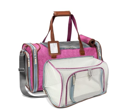 Mr. Peanut's bolsa expansível aprovada por companhias aéreas com laterais macias para animais de estimação, bolsa de baixo perfil da série dourada, zíperes de autobloqueio de marca premium, roupa de cama de lã sintética de pelúcia com uma base de madeira compensada resistenteMr. Peanut's rosa XI-3LYF-SNMP