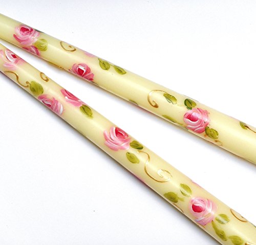 Dripless Smokeless Decorative Hand Painted Pink Rose Ivory Taper Candle Set Romantic Shabby Chic Decor Goddess Arts Collection #TOP6