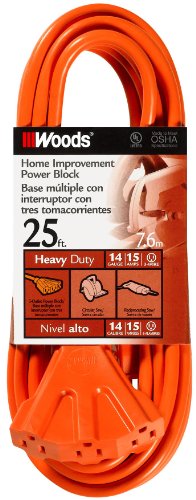 Woods 0825 14/3 Outdoor Multi-Outlet Extension Cord, 25-Foot, Orange