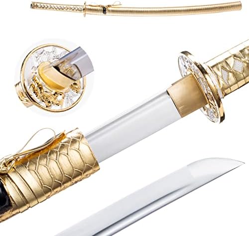 Katana Sword Real Japanese Samurai Sword 9260 Spring Steel Heat Tempered Hand Forged Japanese Samurai Sword for Collection Full Tang Functional Practical (Gold)
