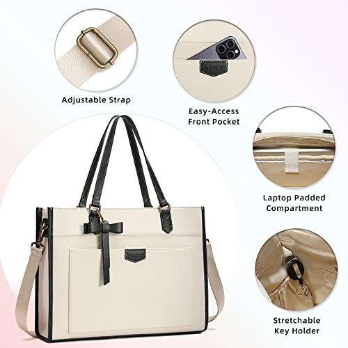 Keyli Laptop Tote Bag Canvas Laptop Bag For Women 15.6 Inch Casual Work Shoulder Bags Large Capacity Professional Business Office Computer Bag Briefcase Handbag Purses For Travel, Office, School White #TOP5