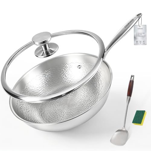 COOKVIVO Pure Titanium Wok 12.6 Flat Bottom Wok Pan with Lid