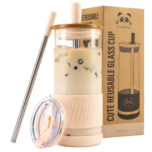Pandaloo® Glass Cups With Lids and Straws -20 Fl Oz- Perfect Size Iced Coffee Cup - Smoothie Cup With Bamboo Lid and On the go Lid - Glass Tumbler With Straw (1 Count (Pack of 1), Vanilla Cream)