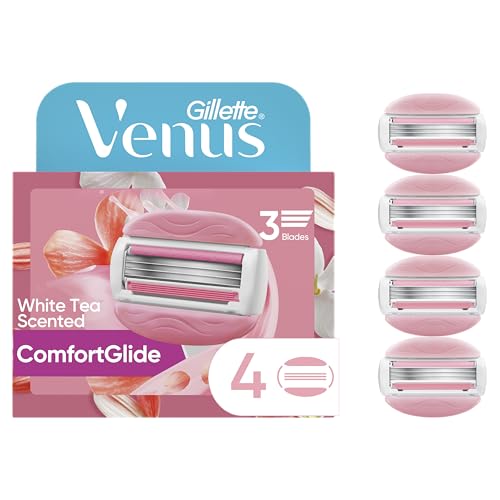 Gillette Venus ComfortGlide White Tea Women's Razor Refills, 4 Refill Cartridges, Fits Venus Reusable Razor Handles, 3-Bladed with Built-in Shave Gel Bars, Holiday Gifts for Women
