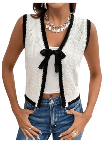 MakeMeChic Women's Contrast Binding Knit Sweater Vest Tie Front Sleeveless V Neck Crop Cardigan