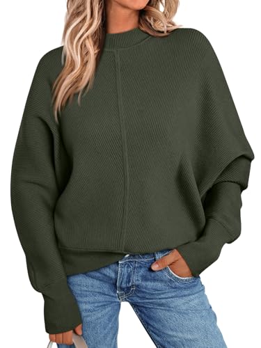LILLUSORY Women's Chunky Sweater Mock Turtleneck Knit Green Top 2024 Fashion Teacher Clothes, Medium, Armygreen