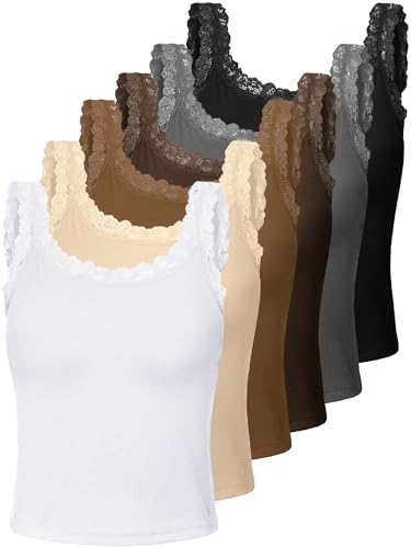 Image of Hicarer 6 Pieces Lace Camisole Tank Tops Lace Trim Camisole Straps Womens Cami Undershirt Ribbed Tank Tops for Women