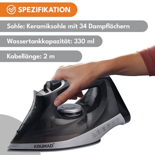 KRUMAD Dampfbügeleisen Kabellos 2600W, Keramiksohle mit 34 Dampflöchern, 330 ml Wassertank, Dampf- & Trockenbügeln, Sprühfunktion, Anti-Kalk, Schnelles Aufheizen für alle Stoffe