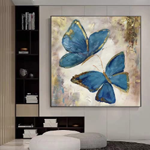 Toile papillon bleu or salon moderne deco zen et chaleureuse