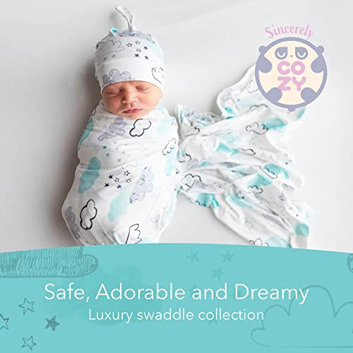Image of Luxury Rayon from Bamboo Hat & Baby Swaddle for Newborns 0-3 Months, Dreamy Clouds Newborn Swaddle Blanket for Baby Boys & Girls, Hypoallergenic, Breathable & Buttery Soft