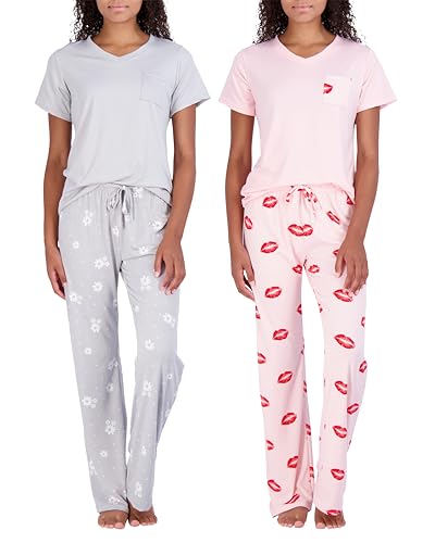 Real-Essentials-2-Pack-Womens-Pajama-Set-Choose-from-Short-Sleeve-with-Pocket-or-Long-Sleeve-without-Pocket