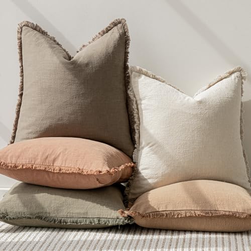 Image of Foindtower Set of 2 Decorative Linen Fringe Throw Pillow Covers Cozy Boho Farmhouse Cushion Cover with Tassels Soft Accent Pillowcase for Couch Sofa Bed Living Room Home Decor, 24x24 Inch, Light Brown