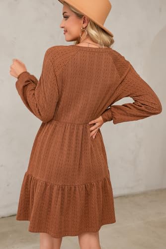 Dokotoo Fall Dresses for Women 2025 Long Sleeve V Neck Textured Casual Lightweight Tiered Ruffle A-Line Mini Babydoll Dress3