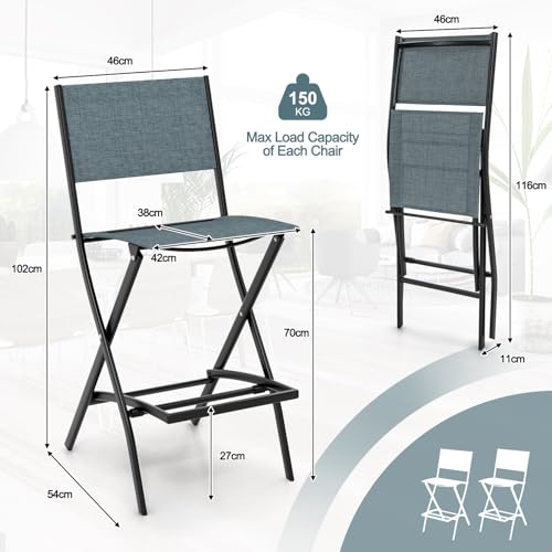 TANGZON Outdoor Bar Stools Set of 2/4, Folding Bar Chairs with Backrest, Footrest and Anti Slip Foot Pads, Counter Garden Dining Chairs for Patio Poolside Backyard Balcony Lawn, Blue, 2 Pcs - Image 3