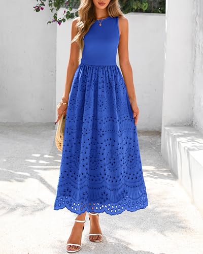 Image of dowerme Women Summer Dresses 2026 Casual Sleeveless Crewneck A-Line Boho Lace Eyelet Cotton Tank Maxi Dress with Pockets