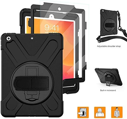 TiKeDa Designed for iPad 7th Generation Case with Built-in Screen Protector,iPad 10.2 2019 Case,Heavy Duty Protective Cover with 360°Rotatable Stand Adjustable Hand Strap Shoulder Strap