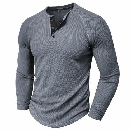 Camisas Henley para hombre, camisetas de punto gofre, manga larga, sin botones, 3 botones, blusa casual ajustada, gris oscuro, S