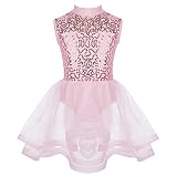 Hularka Kids Girls Sleeveless Irregular Dance Ice Skating Dress Mock Neck Sequins Gymnastics Ballet