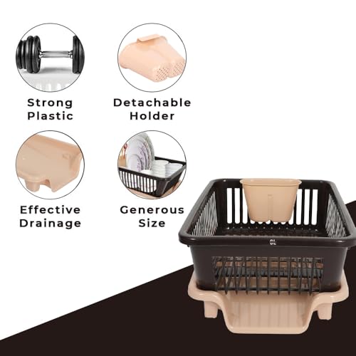 Image of Plastic Kitchen Dish Drainer Rack with Drying Tray & Cutlery Holder | 23 x 46 x 56 cm Utensil Stand & Bartan Stand | Mesh Design Dish Drying Basket Organizer for Kitchen Counter - Cream