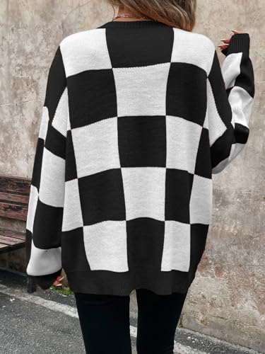 Image of SHENHE Women's Checkered Color Block Oversized Sweater Plaid Crew Neck Drop Shoulder Pullovers Black Medium