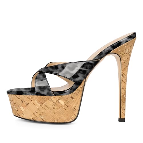 Image of Esvowido Heeled Mules for Women Cork Platform Stiletto Heels Slip on Open Toe High Heeled Sandals Crisscross Slippers Pumps Shoes