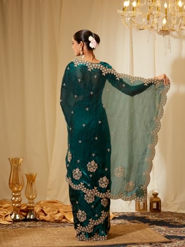 Image of Kasee Women's Bottle Green Floral Embroidered Silk Blend Saree with Rich Zari Border and Unstitched Blouse Piece