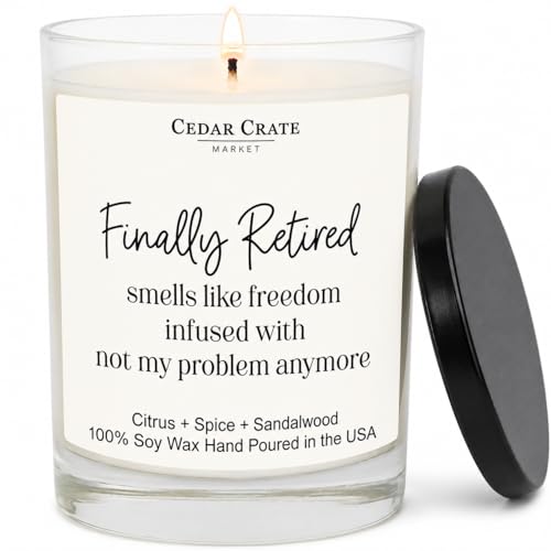 Cedar Crate Market - Retirement Gift for Woman, Men - Finally Retired Soy Wax Candle,Caribbean Retreat Scented, 60 Hours Burn, Eco-Friendly Glass Jar, Farewell Presents for Coworkers - Made in USA