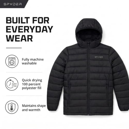 Image of Spyder Puffer Jacket Men - Packable Lightweight Quilted Hooded Winter Coat | Soft-touch insulation, packs into inner zip pocket, reversed coil zipper, zippered hand pockets