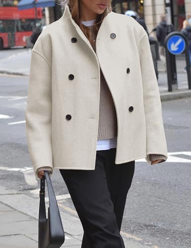 Womens Wool Blend Shacket Jackets Stand Collar Long Sleeve Double Breasted Pea Coat2