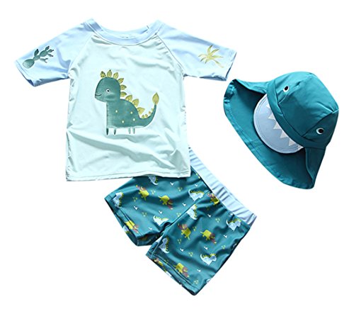 Baby Toddler Boys Two Pieces Swimsuit Set Boys Dinosaur Bathing Suit Rash Guards with Hat UPF 50+ Blue 2-3T