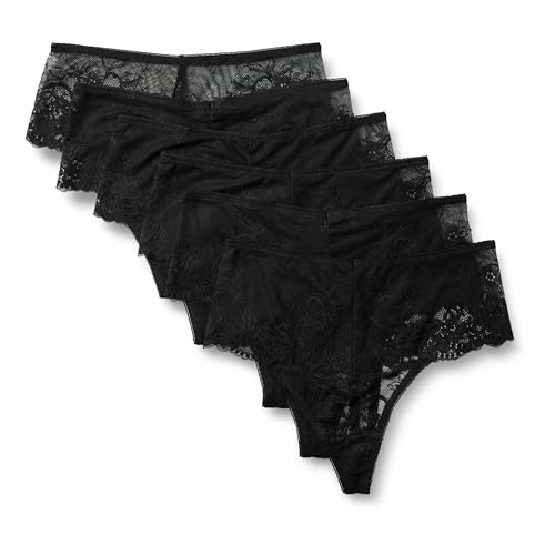 Amazon Essentials Women's Stretch Galloon Lace High Waisted Thong, Pack of 6, Black, X-Small