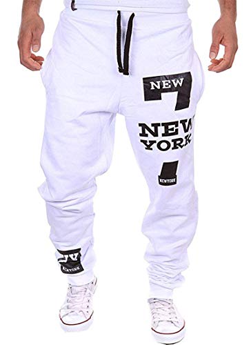 COTTORY Men's Harem Casual Baggy Hiphop Dance Jogger Sweatpants Trousers White Large