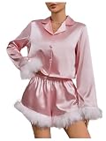 Verdusa Women's 2 Piece Satin Fuzzy Pajama Sets Button Up Long Sleeve Shirt with Shorts Pink Small