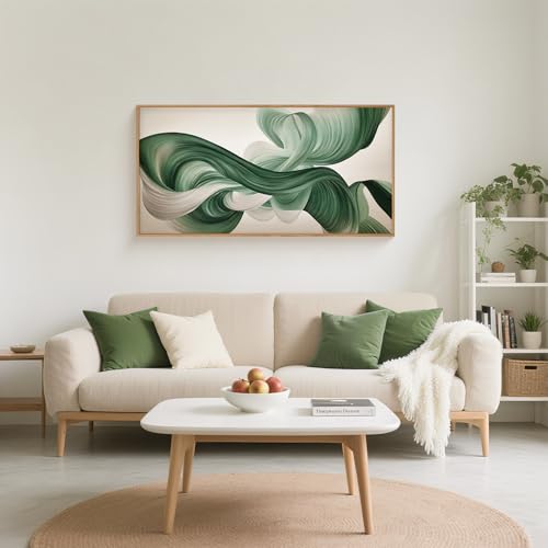 Image of KAIRNE Green Abstract Framed Canvas Wall Art Set,Minimalist Green Lines Wall Decor,Modern Flowing Texture Art Prints,Neutral Smokes Waves Artwork for Living Room,Bedroom,Farmhouse,Office-40 x20 x1