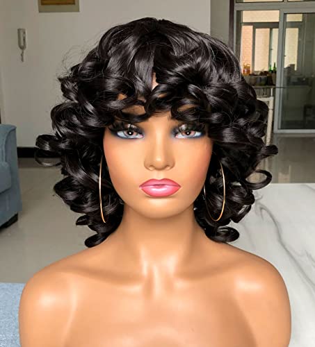 ANNIVIA Short Curly Wig for Women with Bangs Big Bouncy Fluffy Kinky Curly Wig Soft Synthetic Short Curly Afro Wig （#2 Dark Bronzes）