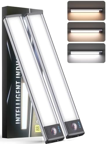 Under Cabinet Lighting(2 Pack),Long Endurance Rechargeable Battery 88 LED 3 Color Lights, Motion Sensor Light Indoor, Dimmable Night Light, Closet Lights for Kitchen Wireless,Stick-On Cabinet Lights.